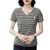 Daisy embroidered striped T-shirt for women, short sleeve, 2021 Summer new style, V-neck base layer for middle-aged mothers, slimming and shaping Application Scenario